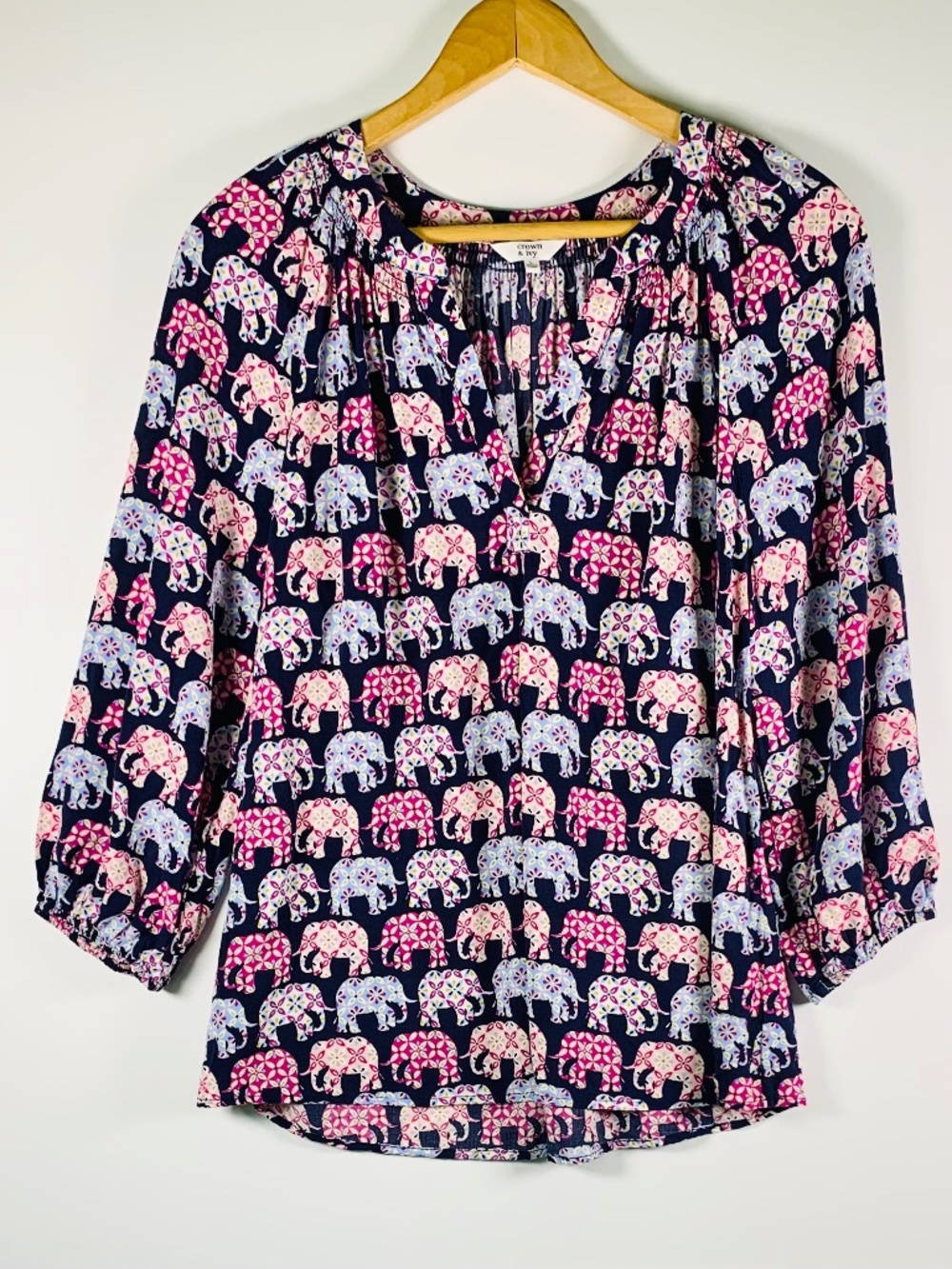 Crown & Ivy V-Neck Puff Sleeve Peasant Blouse Elephants Pink Blue Boho Coastal